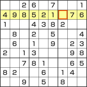 ルール2　横の列には1から9までの数字が１つずつ入る。
